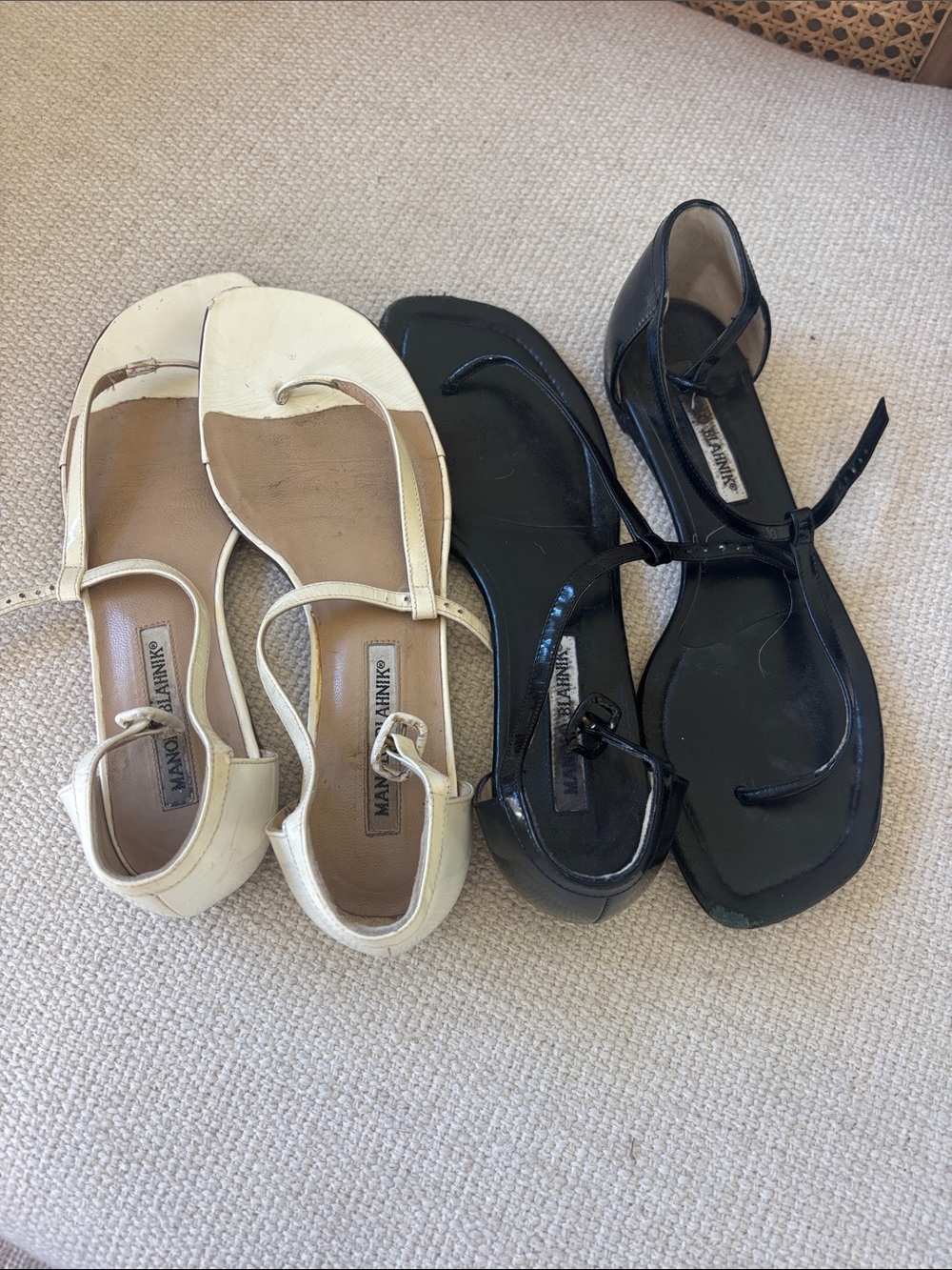 Manolo Blahnik Cream and Black Leather T-Strap Sandals